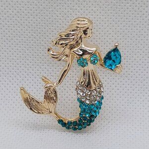 Blue Rhinestone Gem of the Sea Gold Tone Mermaid Brooch 1 5/8"